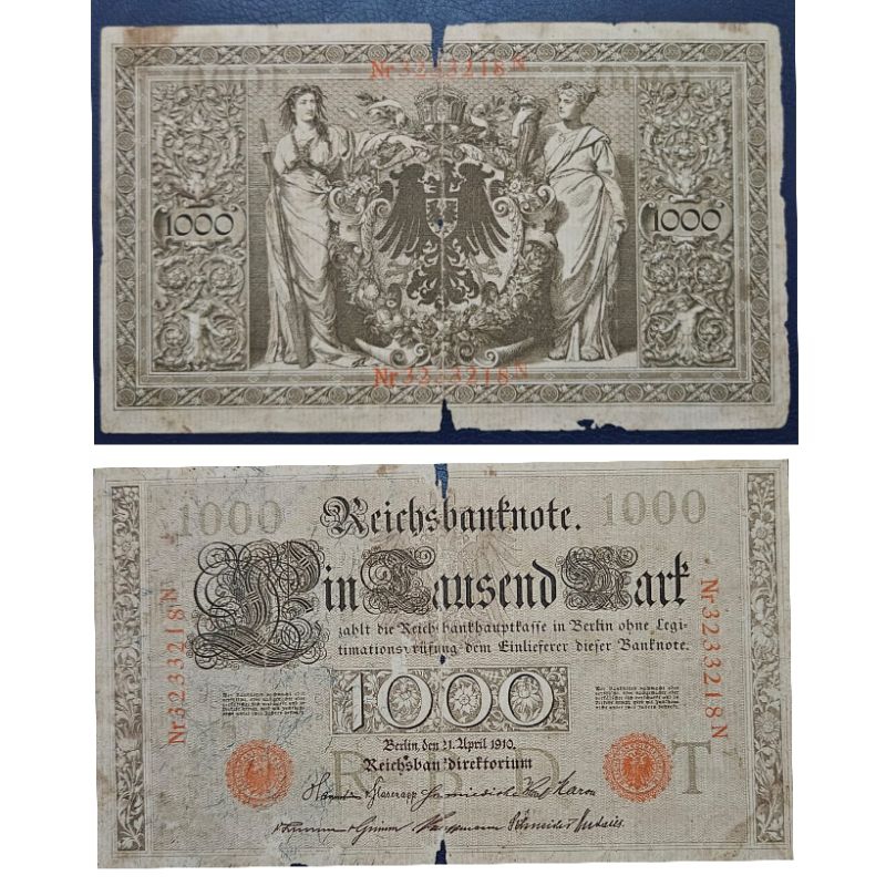 Uang Kuno Jerman Timur 1000 Mark tahun 1910 Kertas super big size Kondisi AXF Geripis Original 100%