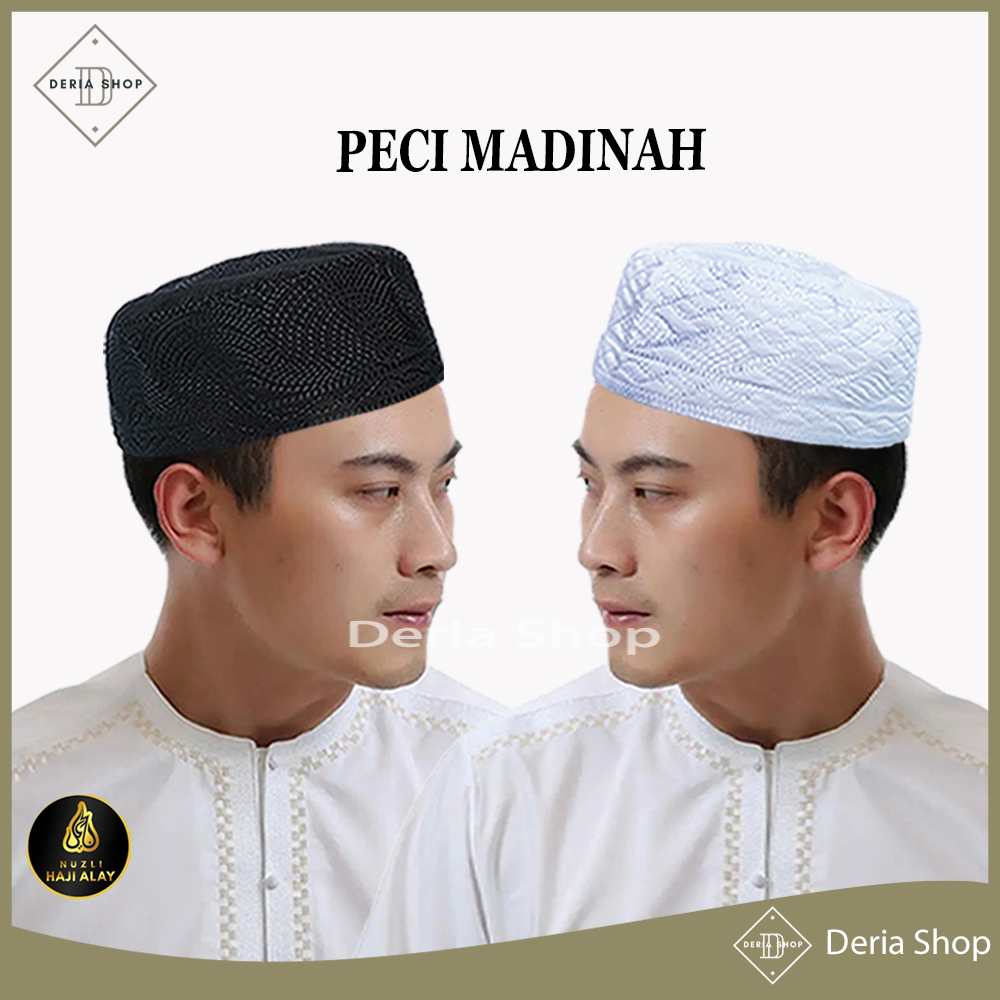 Peci Haji Khas MADINAH Saudi Kopiah Santri Al Madina Pria Dewasa Anak Laki Polos Hitam Putih Kopyah 