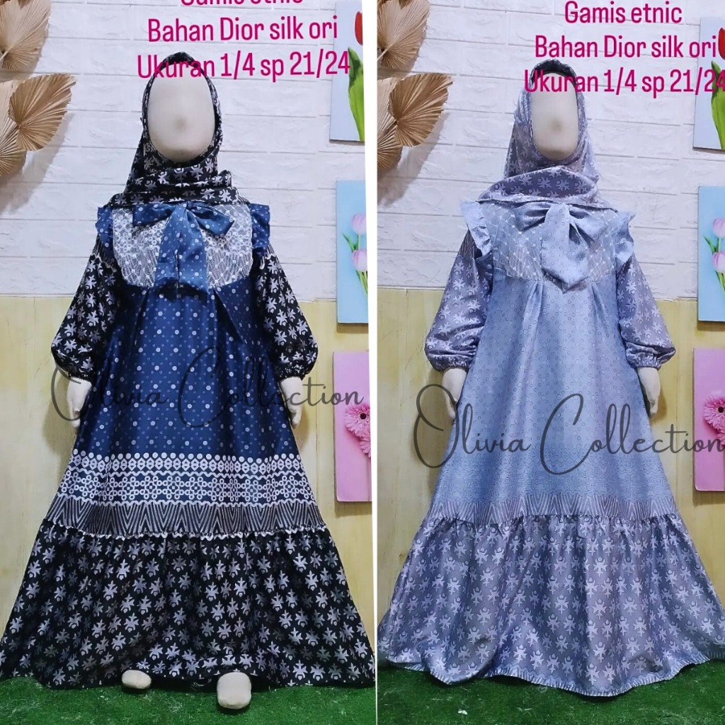 Baju Gamis Dior Silk Anak Perempuan Mix Brukat Motif Etnic Model Viral Free Hijab Baju Muslim Anak P