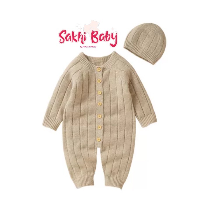 Baju Bayi Rajut Newborn Jumpsuit Bodysuit Lengan Panjang Kancing Tengah 0-9 Bulan