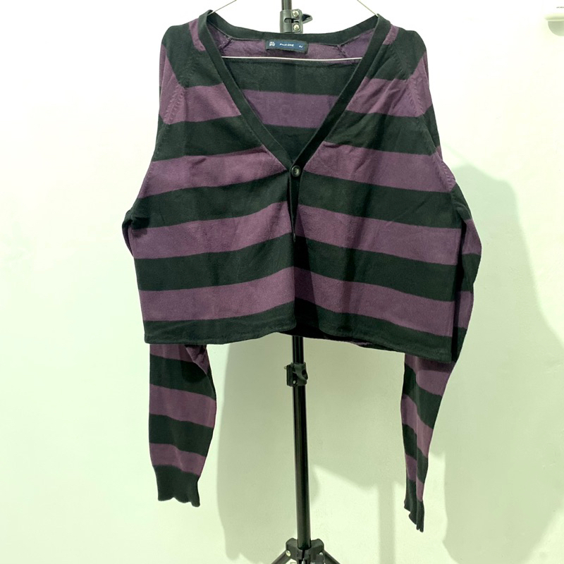 Purple Black Stripe Crop Knit Cardigan - PRELOVED
