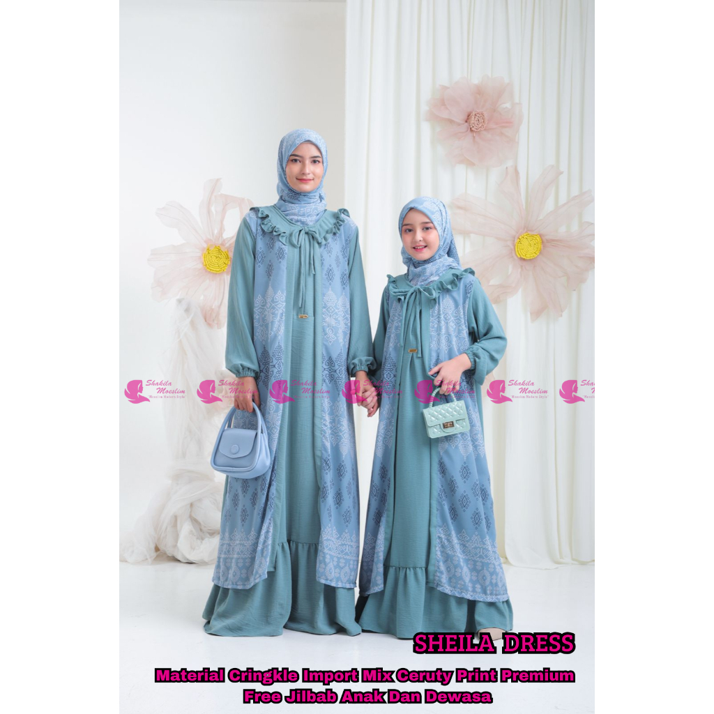 SHEILLA DRESS ( COUPLE ATAU SATUAN )Gamis Couple Ibu dan Anak Perempuan Bahan Crinkle Kombinasi Ceru