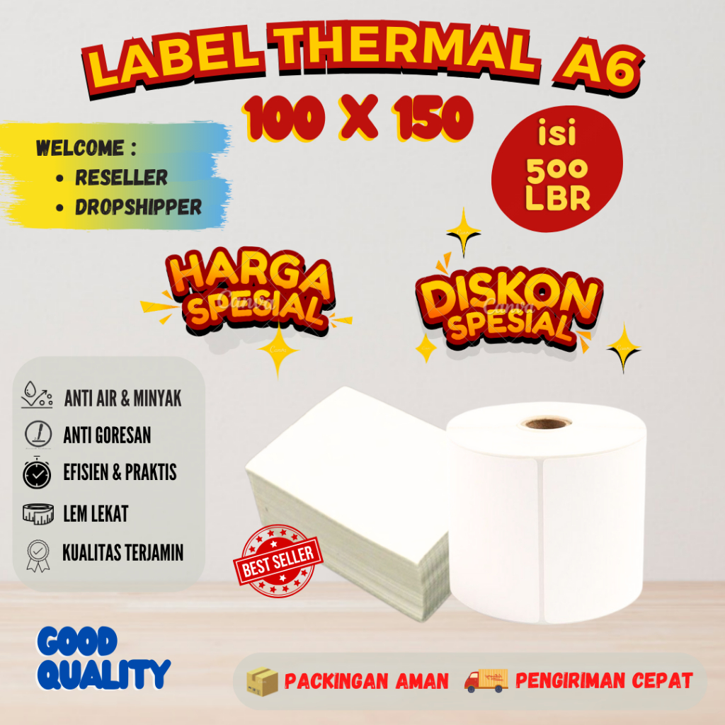 

Kertas Thermal 100 x 150 / Label Resi Stiker Barcode A6