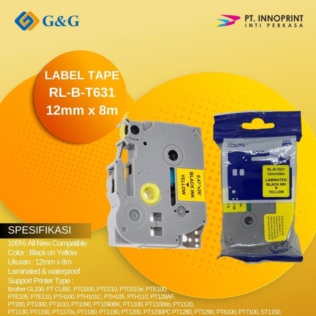 

Label tape G&G for Brother Label Tape TZE-631 12mm x 8m Black On Yellow TZE631