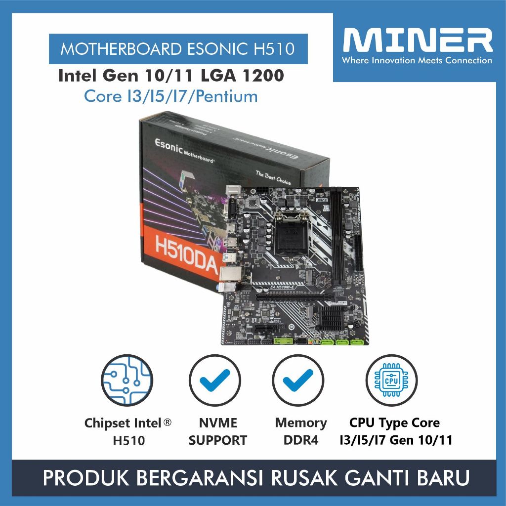 MINER Motherboard Esonic H510 Intel Gen 10/11 LGA 1200 Core I3/I5/I7 (Garansi 1 Tahun)