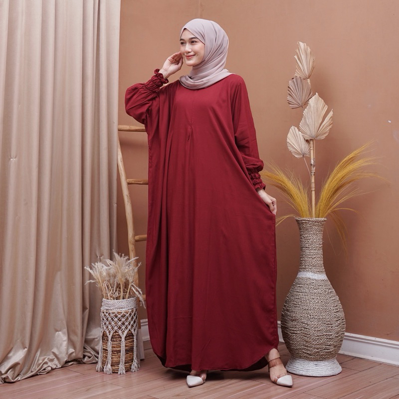 Kaftan Wanita - Daunda Kaftan Size Jumbo XXXXL Motif Daun Lengan Panjang Busui Resleting by Nadira_Fashion / Gamis Rayon Jumbo Kaftan Terbaru-Polos Marun