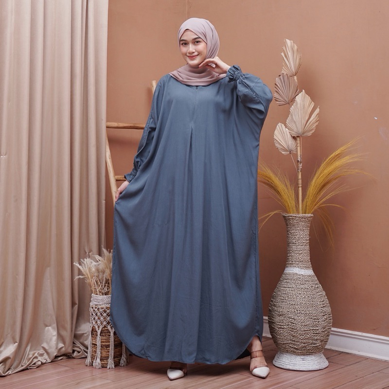 Kaftan Wanita - Daunda Kaftan Size Jumbo XXXXL Motif Daun Lengan Panjang Busui Resleting by Nadira_Fashion / Gamis Rayon Jumbo Kaftan Terbaru-Polos abu sma