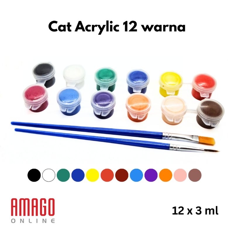 

Set Cat lukis Akrilik 12 warna isi 3 ml - Set mini Acrylic Paint 12 Colors - free kuas