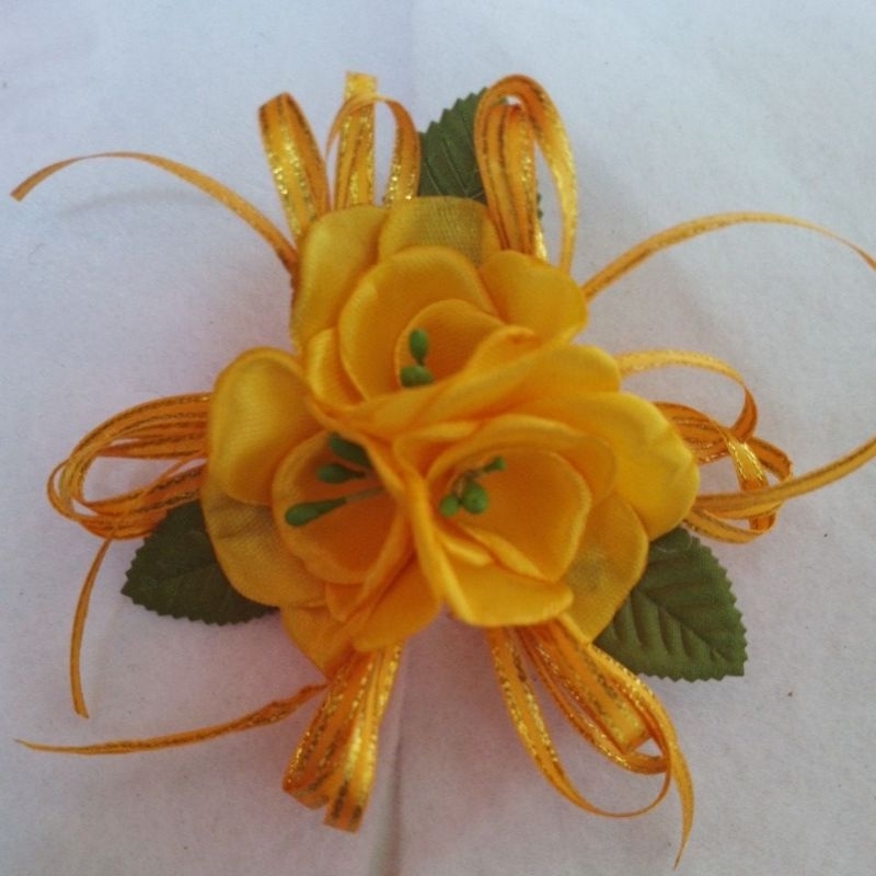 Bros Bunga Satin Pita Emas Premium |Hiasan Jilbab Baju Tempel  DIY Craft Aestetic