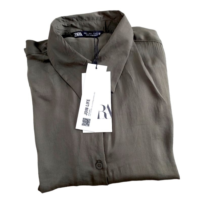 Original New Zara Kemeja Wanita Satin Silk Polos Army Jumbo Oversize Big Size
