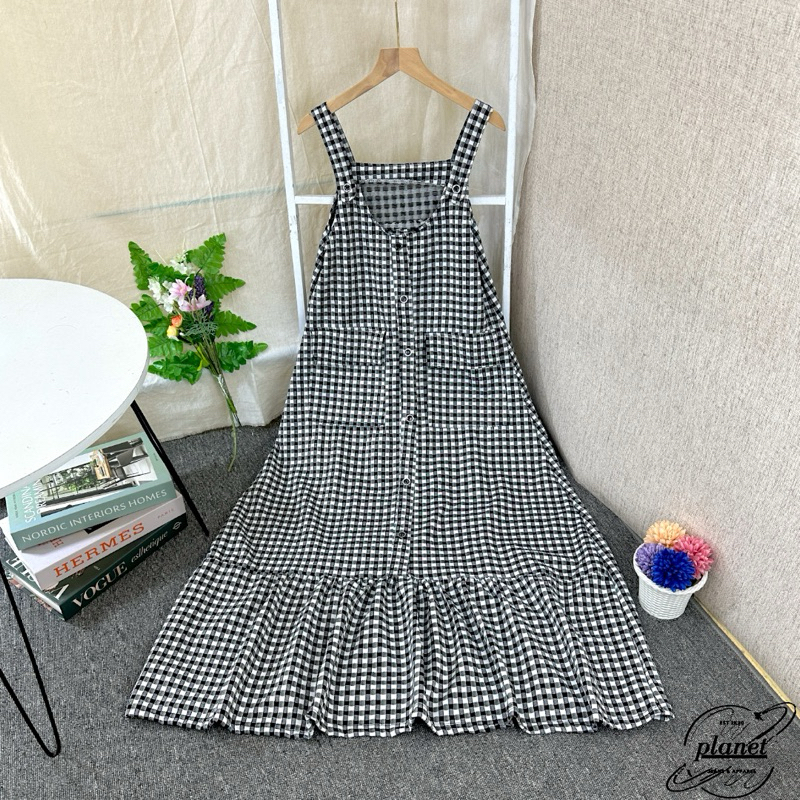 OVERALL DRESS WANITA HOUNDSTOOTH OVERALL DRESS KOREA OUTER PANJANG HITAM MOTIF KOTAK KOTAK