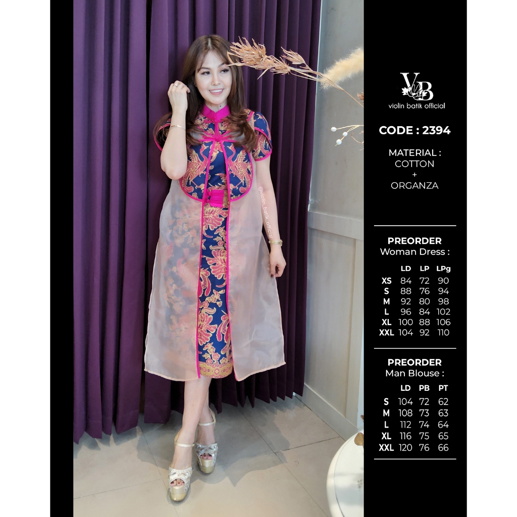 Violin Batik Dress Katun Biru Magenta Cheongsam Outer Organza 2394