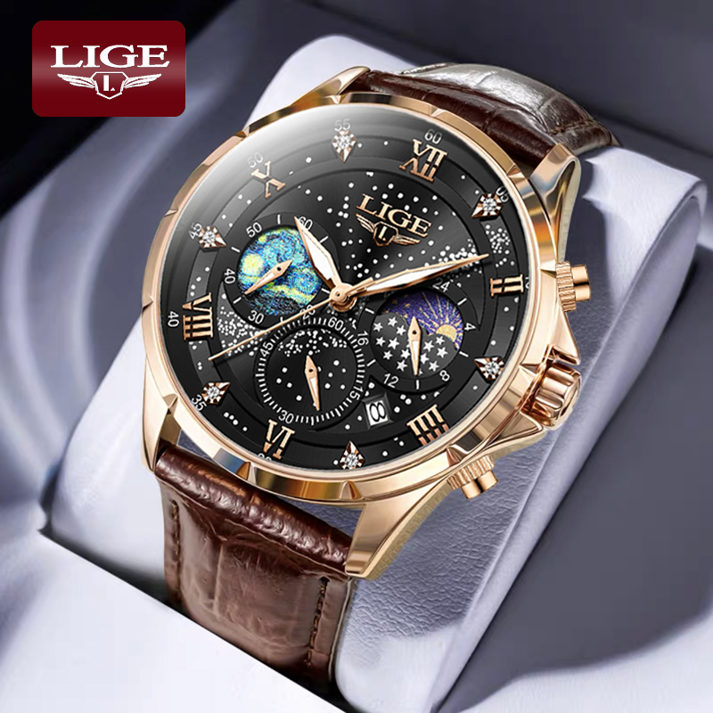LIGE original Men&Women Watch Multifunction Waterproof Luminous Leather Strap Sport Chronograph Wris