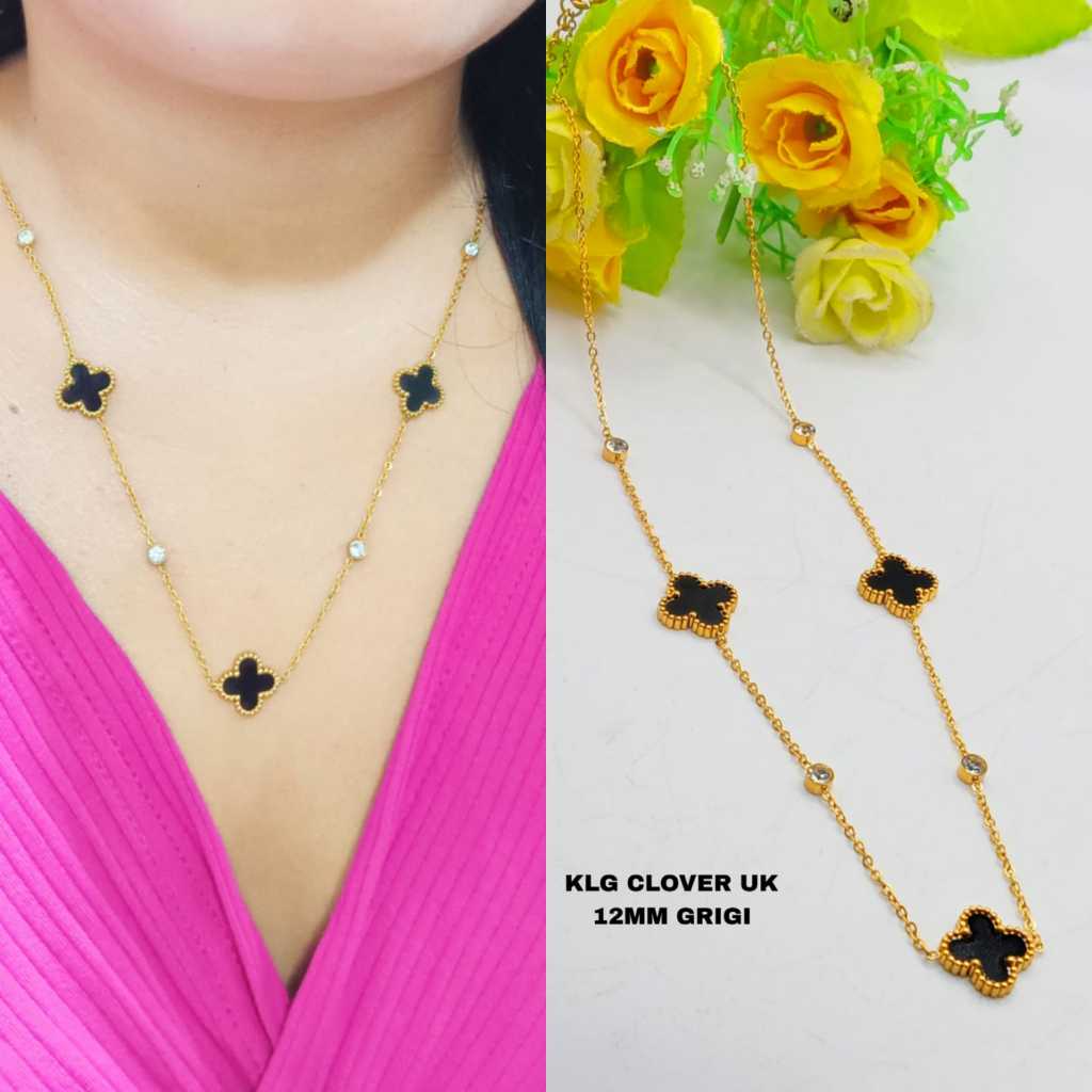 KALUNG  TITANIUM CLOVER 3 KOMBINASI PERMATA UK 12MM ANTI LUNTUR DAN ANTI KARAT (COD)