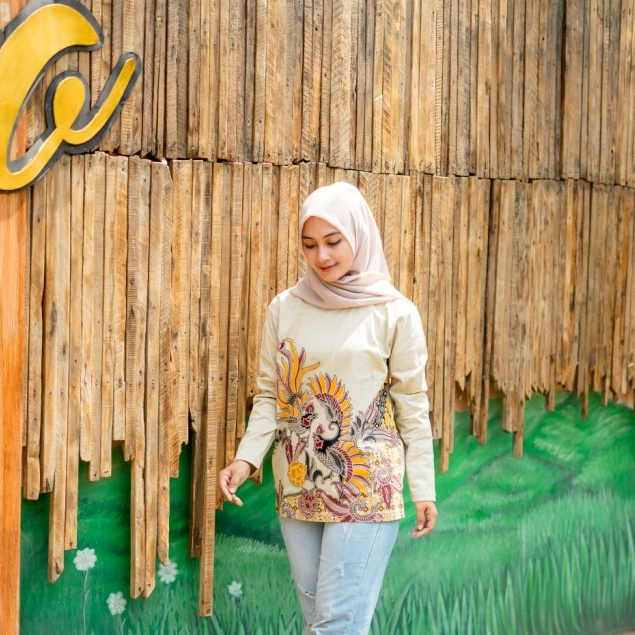 KLAMBEN Kaos Lengan Panjang Batik Dewasa Premium Peksi Kawung Coklat Susu