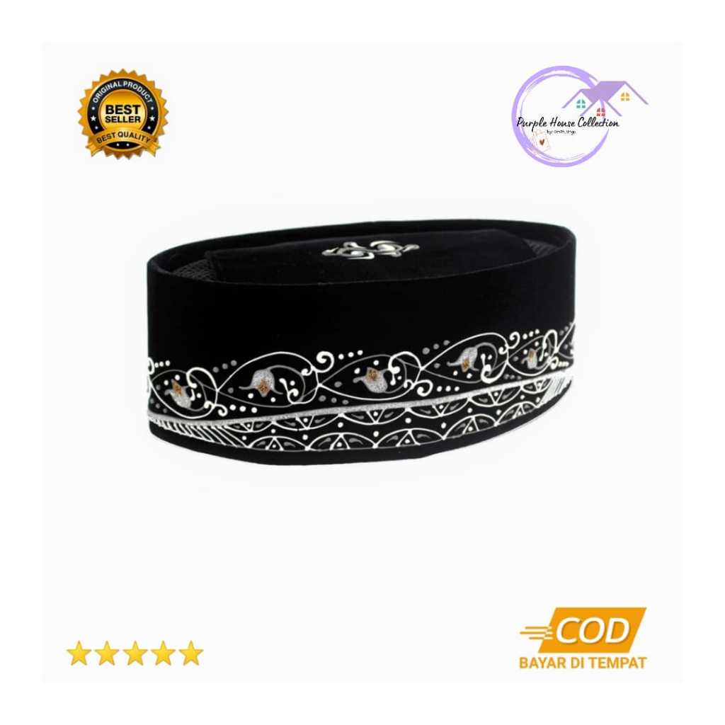 Peci Songkok Kopiah Hitam Lukis Motif Tulip Perak Premium Best Quality
