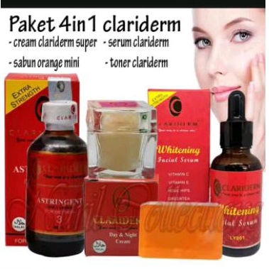 clariderm astringent ori Philippines no:3 paket 4 pcs, cream siang malam, serum dan sabun original