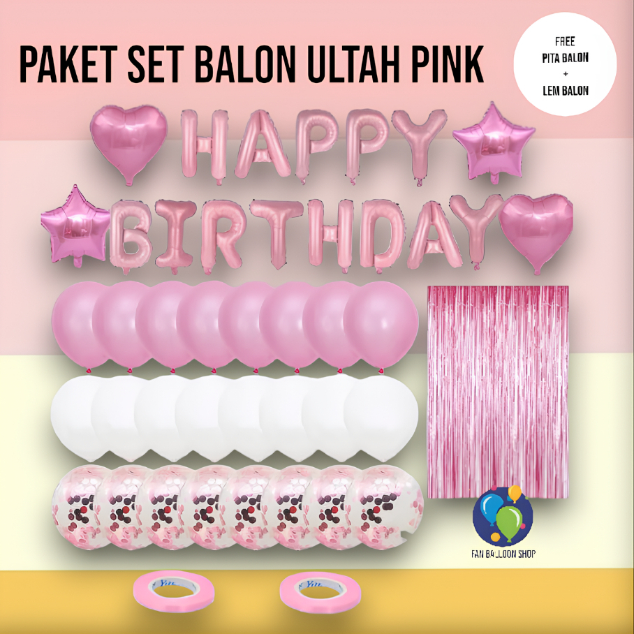 Paket Balon Ulang Tahun Dekorasi Set Simple Pink isi 45 Pcs / Set Dekorasi Ulang Tahun Anak Perempua