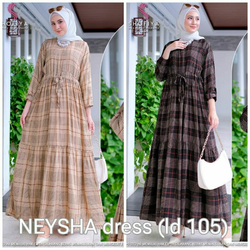 (LD 105) Neysha Dress Casual Gamis Terlaris Bahan Rayon Motif Kotak Terbaru Ori Shofiya