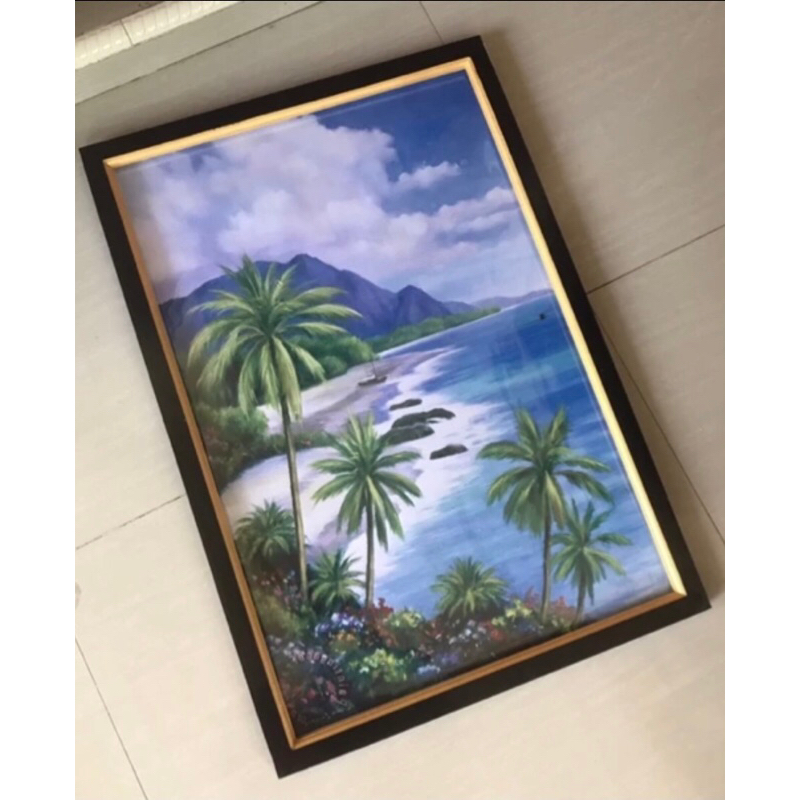 Hiasan Dinding plus bingkai uk:45cm x 65cm Lukisan Cetak Pemandangan Laut dan Pohon kelapa