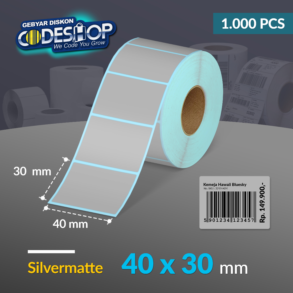 

Codeshop Label Silvermatte 40 x 30 mm 1 Line Stiker Printer Barcode Core 1 Inch Isi 1000 Pcs