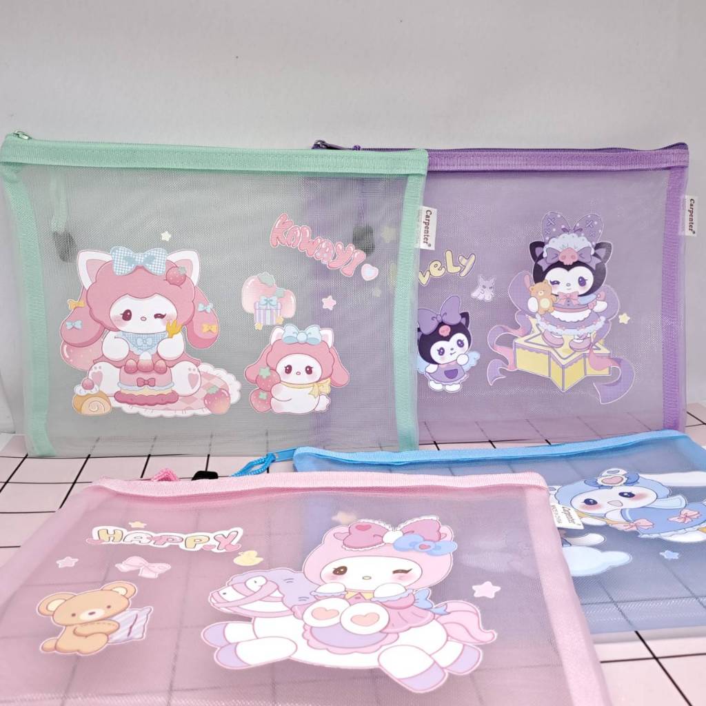 

Zipper Document Bag Kotak Pensil Jaring Sanrio Cinnamorol, Kuromi, Melody ukuran A5 Lucu Aesthetic