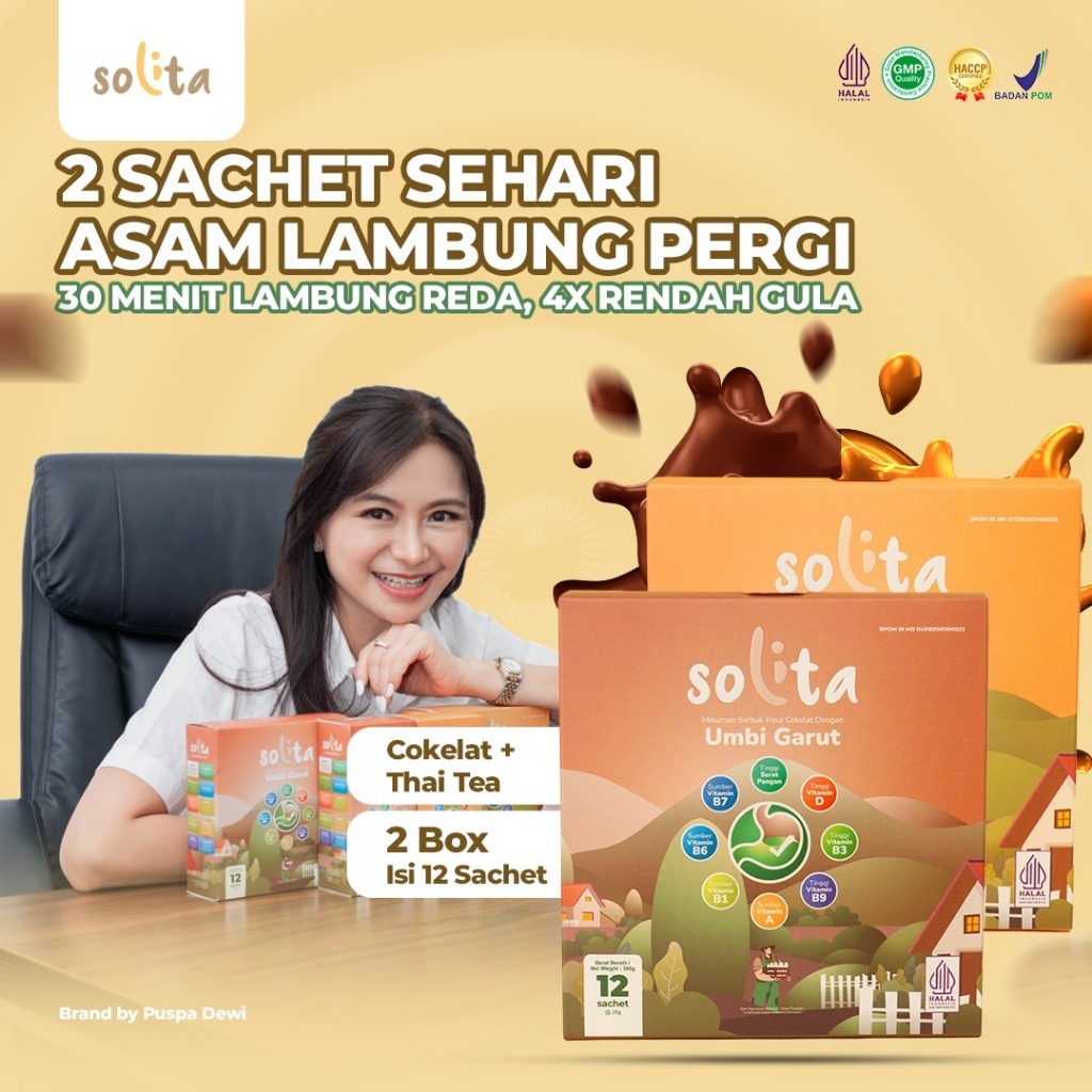 

SOLITA Minuman Serbuk Umbi Garut Isi 12 Sachet Rasa Coklat + 12 Sachet Rasa Thai Tea untuk Atasi Asam Lambung, Maag