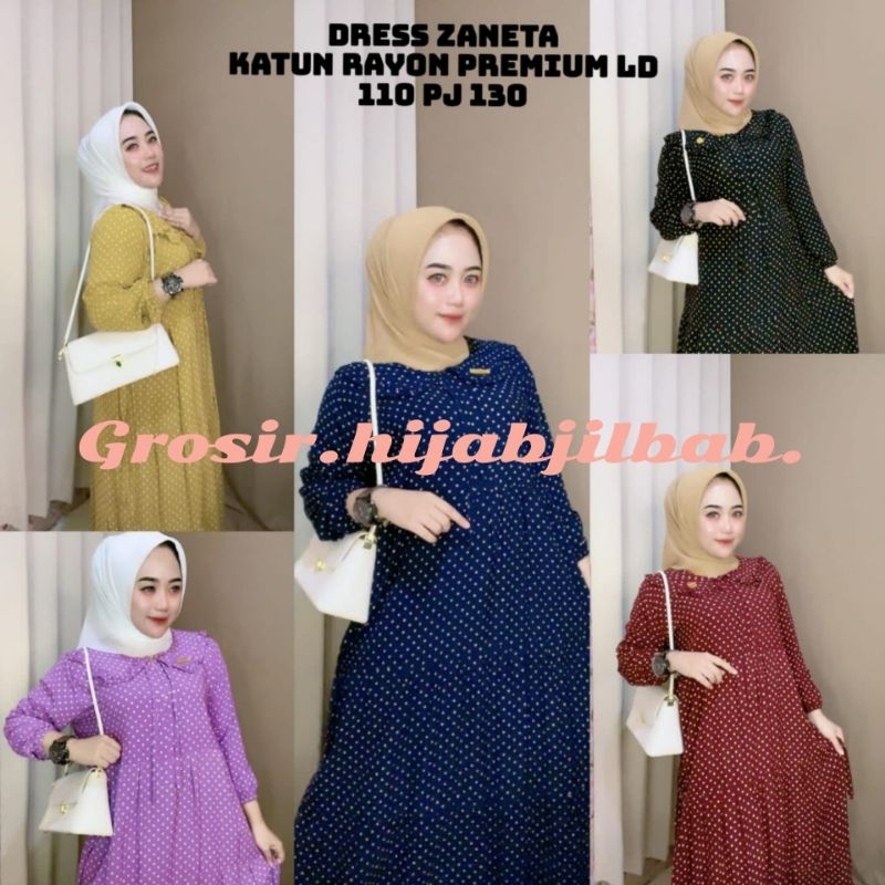Dress zaneta polkadot// Gamis rayon premium// busui resleting// karet kerah rempel