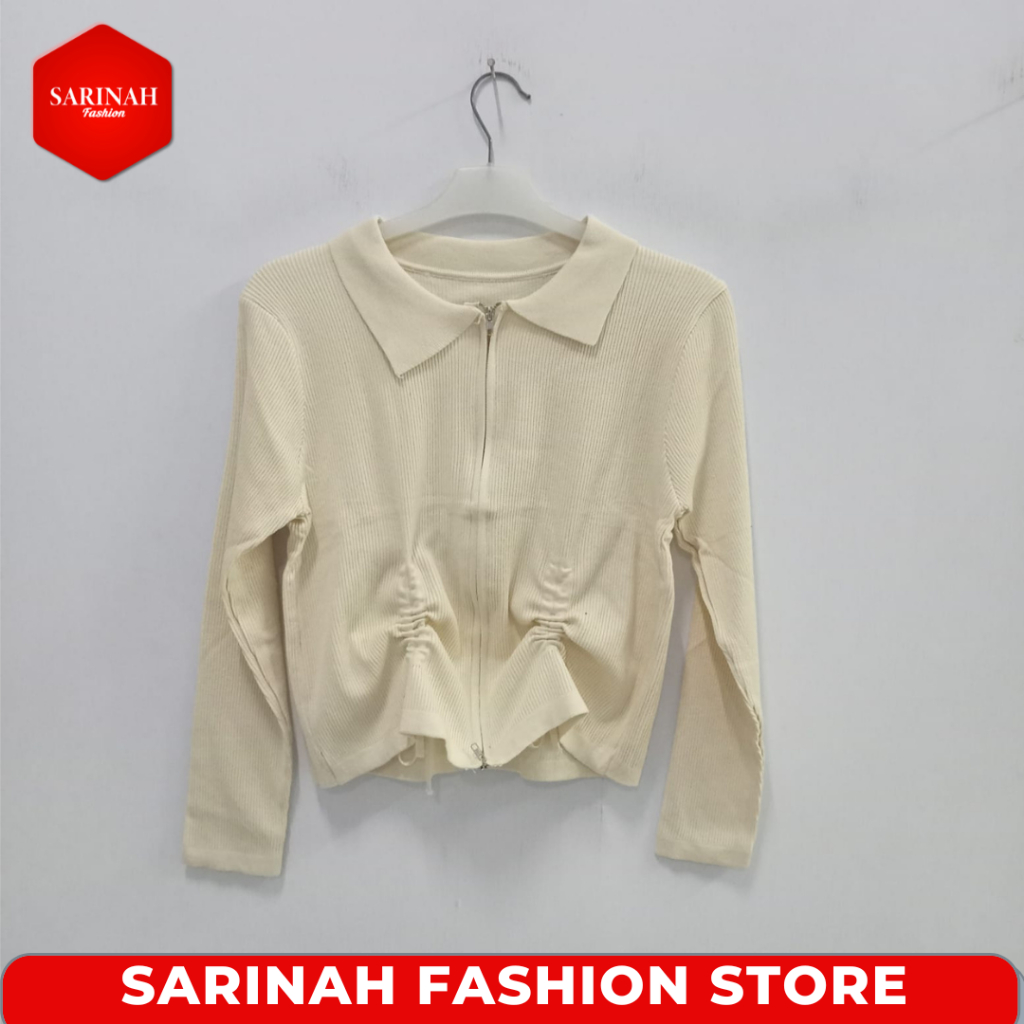 Kaos Crop Top Lengan Panjang Atasan Wanita Resleting Depan