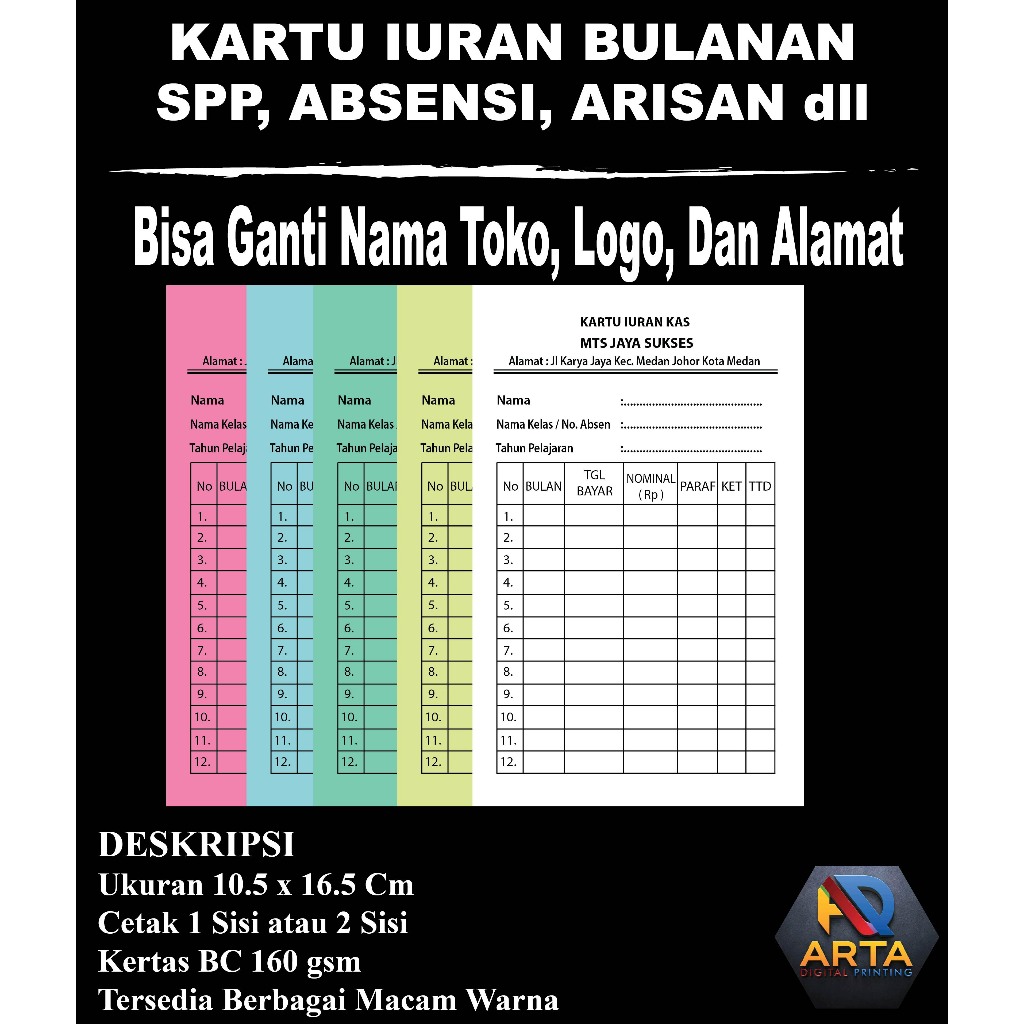 

Cetak kartu iuran RT/Kartu iuran warga/kartu absensi/kartu angsuran/kartu arisan/kartu spp ukuran 10.5 x 16.5/1pack (50 Lembar)
