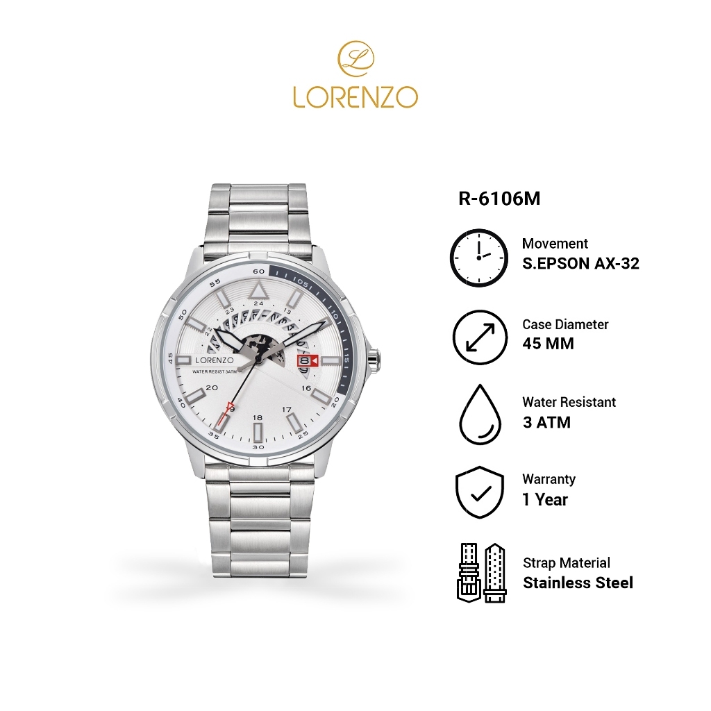 LORENZO R-6106M Jam Tangan Pria Analog Strap Stainless Diameter 45mm