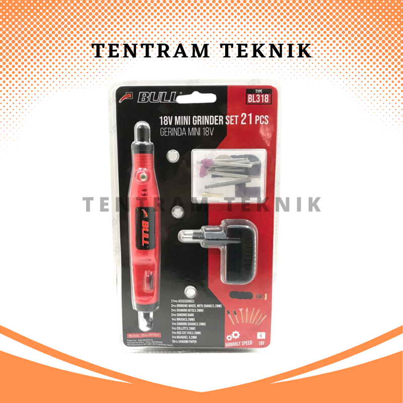 Mini Die Grinder Set 21 Pcs Gerinda Bor Tuner Mini BULL BL318 BLISTER / (BL-318 BULL) Mini Die Grind