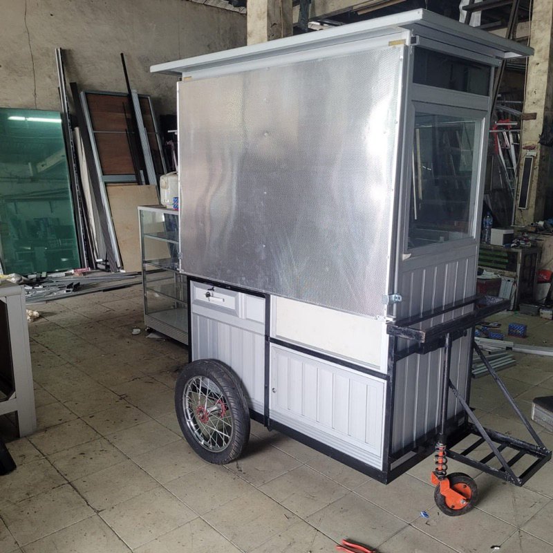 Gerobak Gorengan P.120 L.60 T.180 Tutup Pet Warna silver dengan roda motor