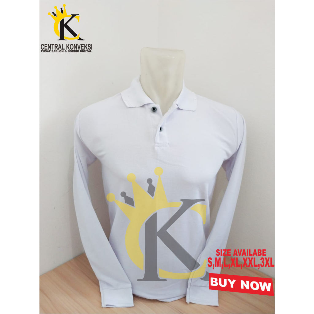 Kaos Polo Shirt Putih / Kaos Kerah Polo Tangan Panjang Pria - Wanita / Polo Shirt Panjang Putih