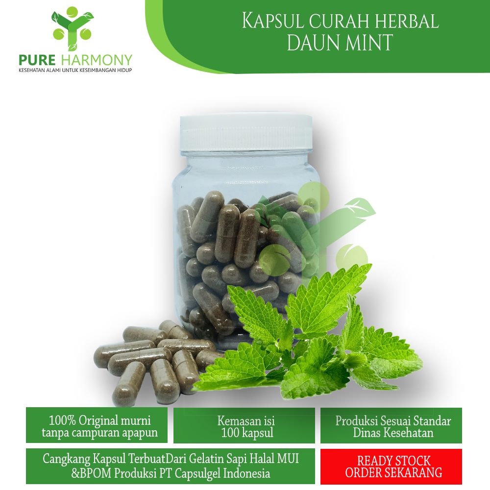 DAUN MINT 100 kapsul herbal Diet Pencernaan Heartburn Jerawat Alergi