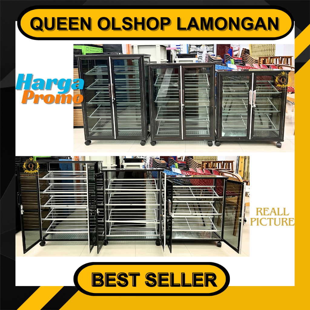 [PROMO] Rak Sepatu Almini Kaca Riben Hitam Susun 3 4 5 Kaki Roda Aluminium