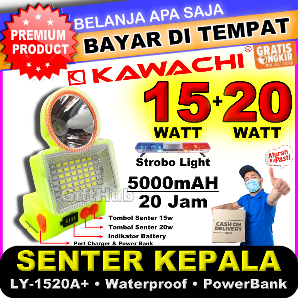 Senter Kepala Kawachi Dual 15W + 20W Super LED Super Terang LY-1520A+ Powerbank Waterproof Lithium C