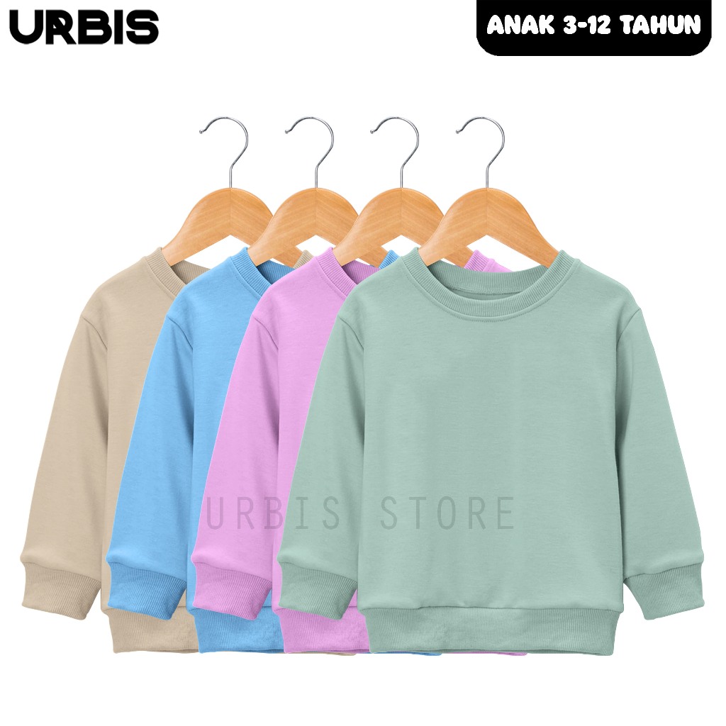 Sweater Crewneck Polos Anak Laki-Laki Perempuan Usia 3-13 Tahun Warna Soft Pastel Bahan Tebal Premiu