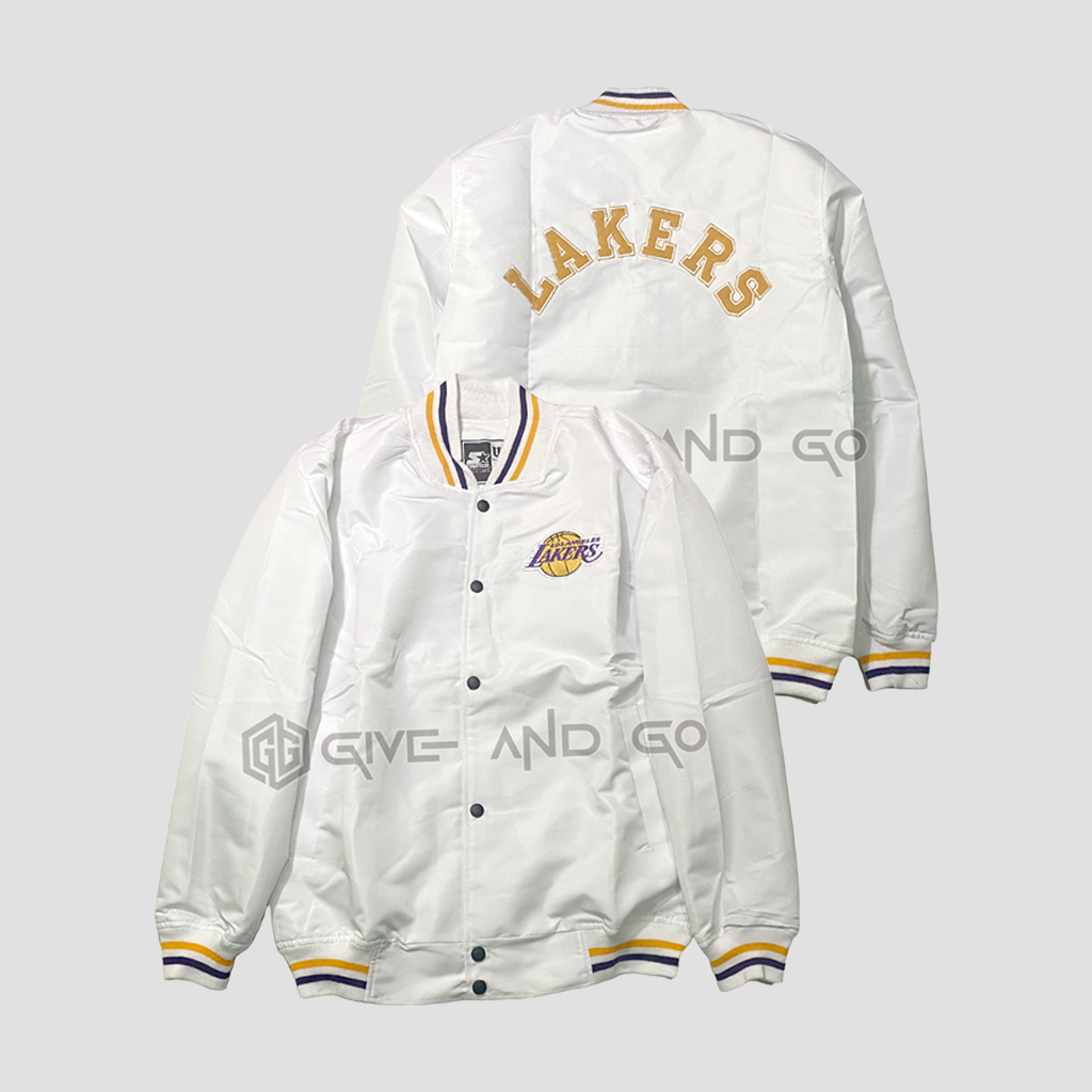 Zylion - Jaket Varsity Basketball Lakers White Casual Vintage Pria Wanita Taslan Full Bordir Curve