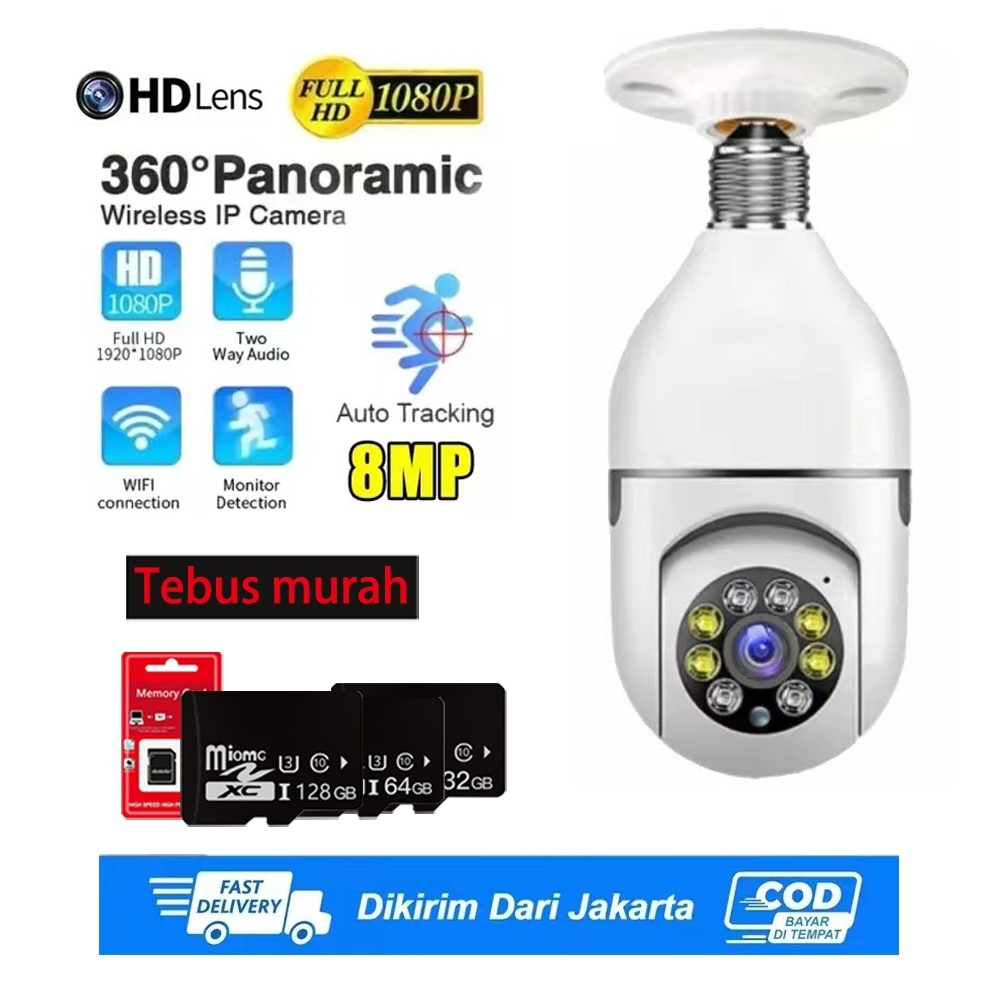 【Ready+Bisa COD】CCTV Lampu IP Kamera Kamera CCTV WIFI Bulb HD 8MP Wifi 360 PTZ Anti Air