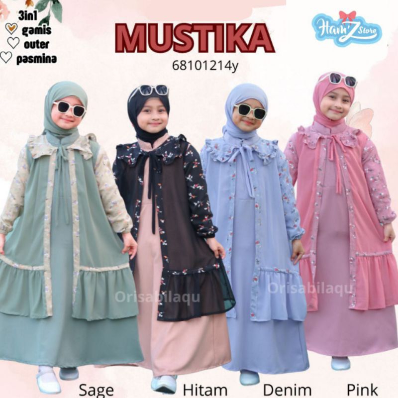 Set gamis anak 3 in 1, MUSTIKA (plus outer, jilbab)