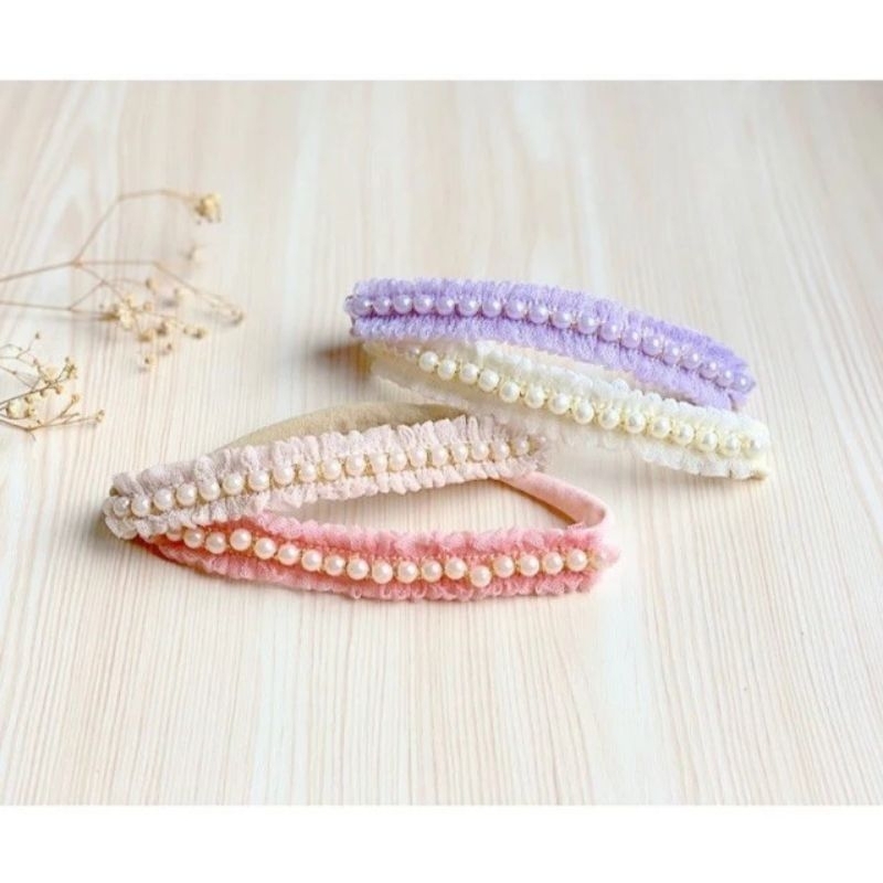 HEADBAND BAYI RENDA MUTIARA / BANDO BAYI RENDA TILE MUTIARA / BANDANA BAYI NYLON / RUFFLE BABY HEADB