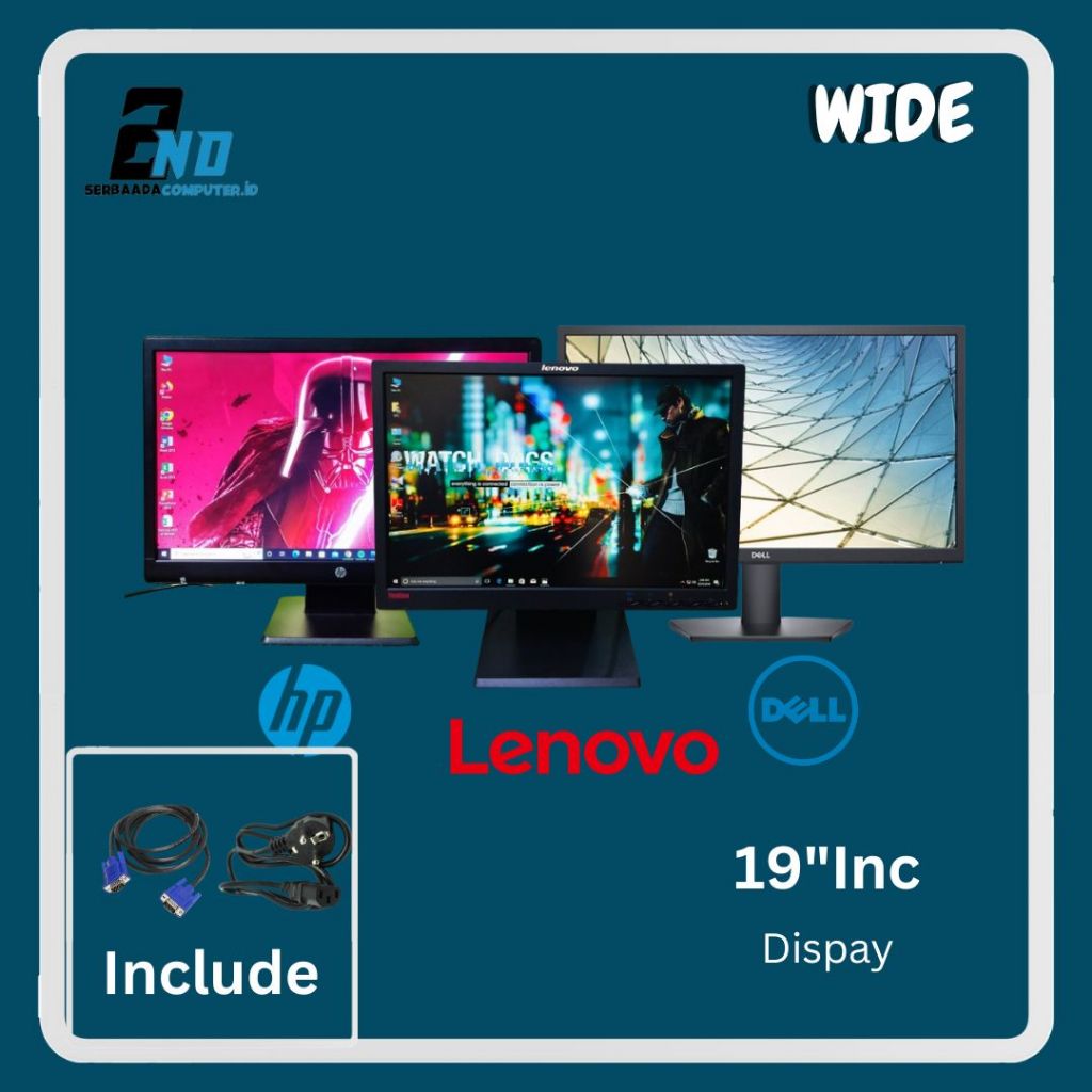 MONITOR 19 INCH Full HD LED LCD/ MONITOR WIDE SCREEN/ MONITORDELL, LENOVO, HP SECOND BERKUALITAS GRA