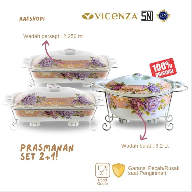 Vicenza Prasmanan Set 2 Wadah Saji Persegi & 1 Bulat B680/2 + B681/1 motif Padi/Lily/Magnolia/Cameli