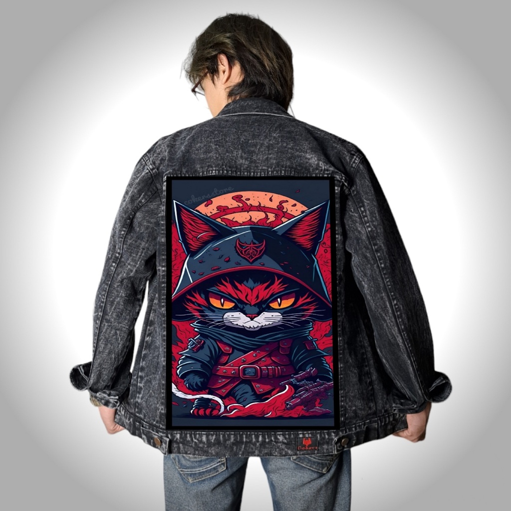 Jaket Jeans Denim Printing Gambar Belakang - Sandwash Hitam Anime NINJA CAT
