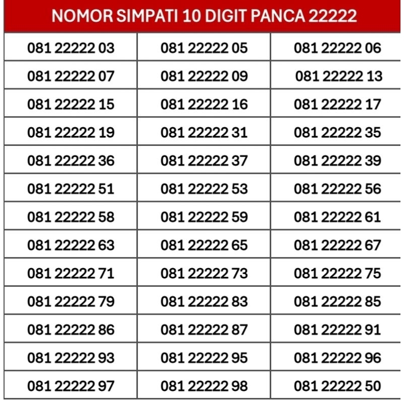 SIMPATI 10 DIGIT PRABAYAR PANCA 22222
