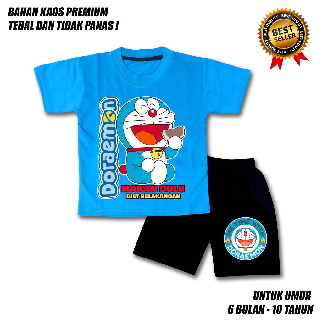 SETELAN ANAK LAKI LAKI MOTIF DORAEMON MAKAN CELANA HITAM BAHAN PREMIUM
