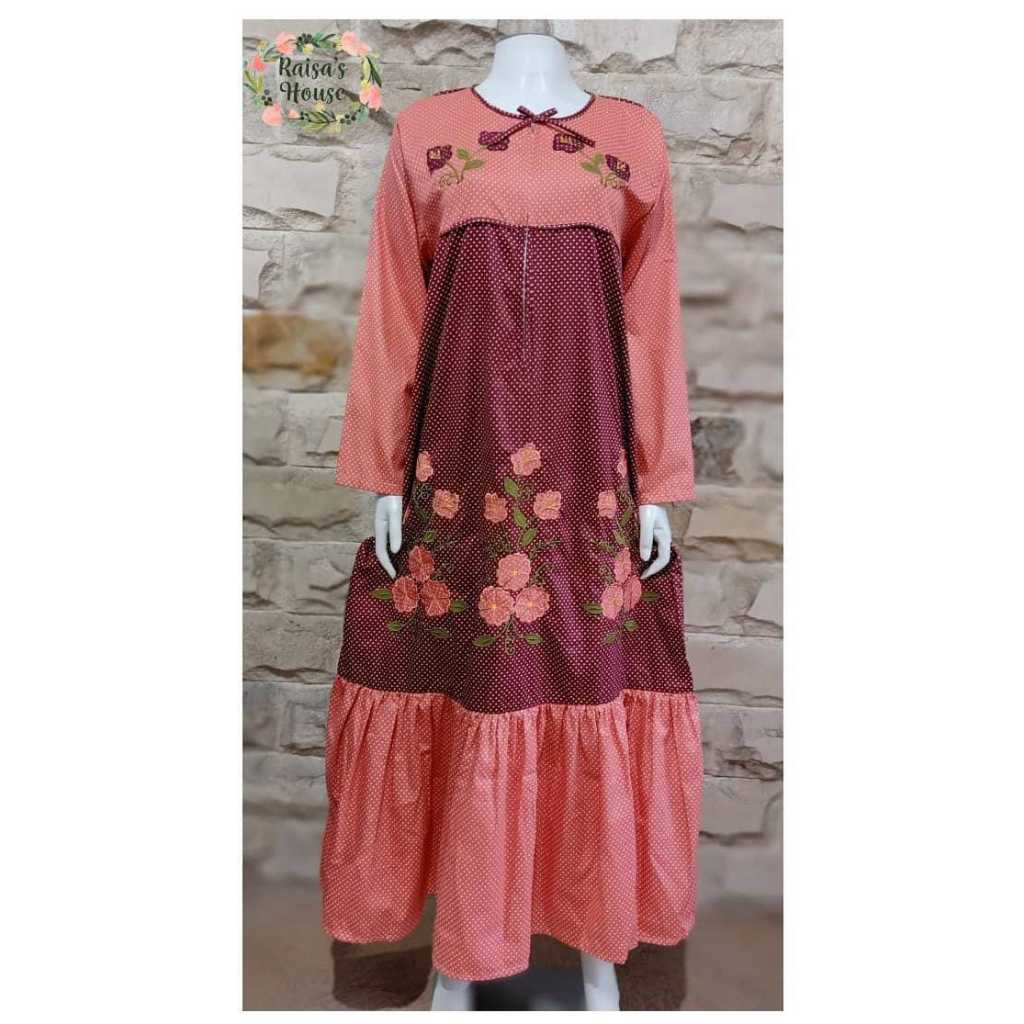 DASTER LONGDRESS BORDIR KHAS MALANG - LENGAN PANJANG - REMPEL BAWAH | LT RED / WINE