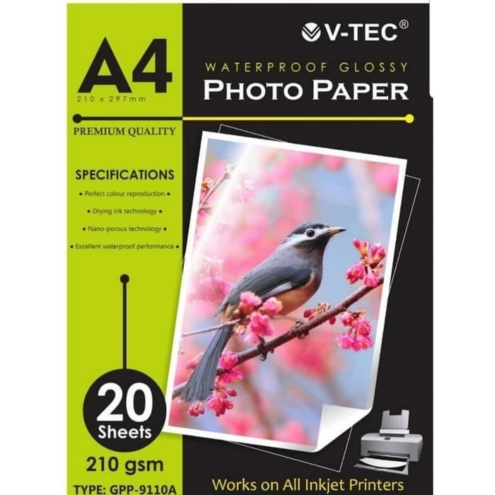 

V-Tec Glossy Photo Paper A4 210 gsm GPP-9110A V-TEC Waterproof Glossy