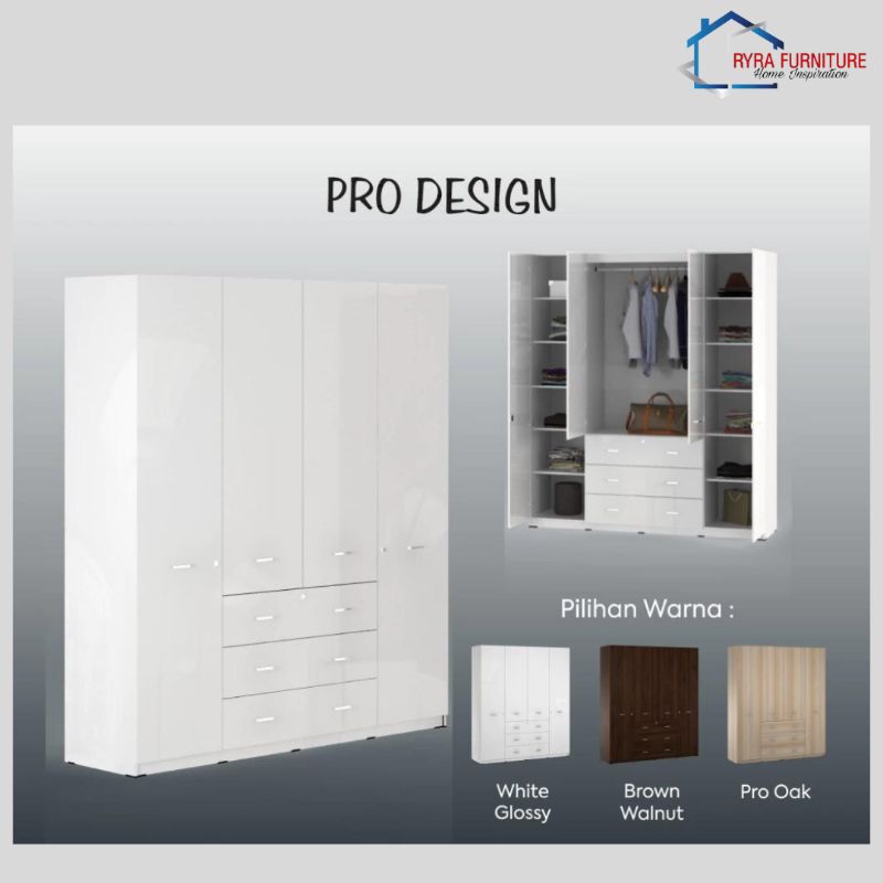 PRO DESIGN - BELVIS 190 - LEMARI PAKAIAN 4 PINTU DENGAN LACI/LEMARI PAKAIAN MINIMALIS/LEMARI PAKAIAN